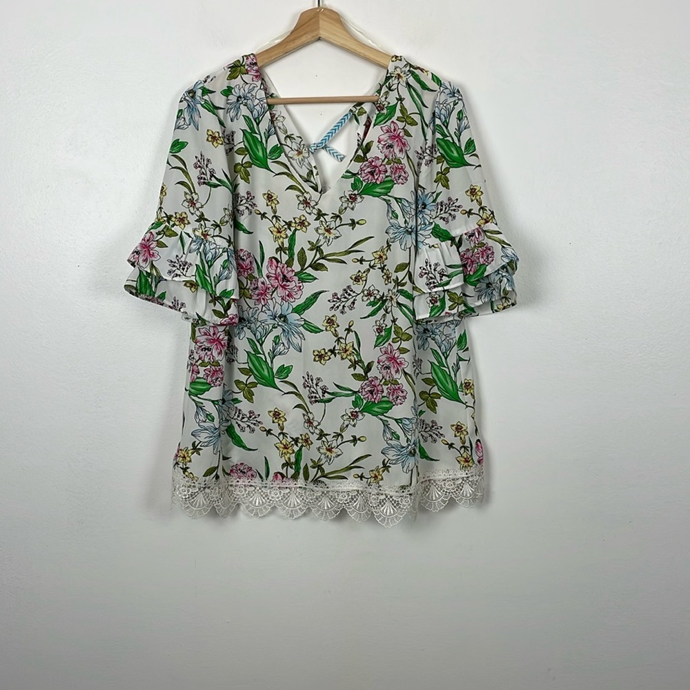 Kut From The Kloth Womens L Floral Pullover Blouse Tie Back Closure Lace Trim